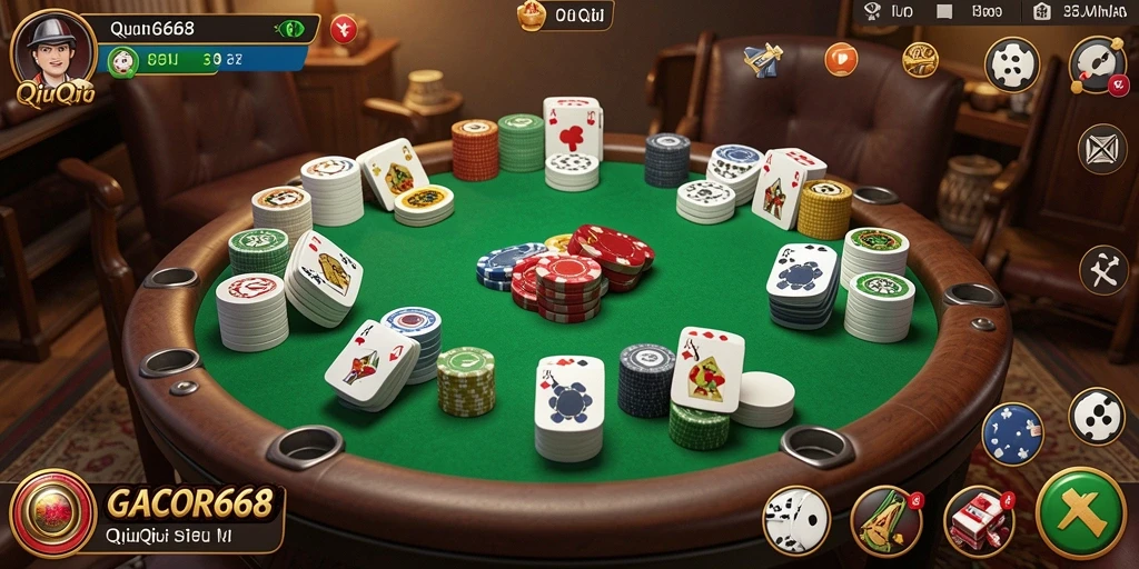 Tampilan gameplay GACOR668 dengan suasana permainan QiuQiu yang memikat.