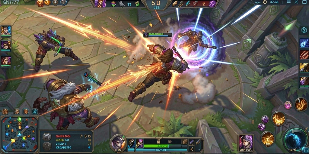 Screenshot gameplay menunjukkan pertempuran tim yang seru dan karakter beragam.