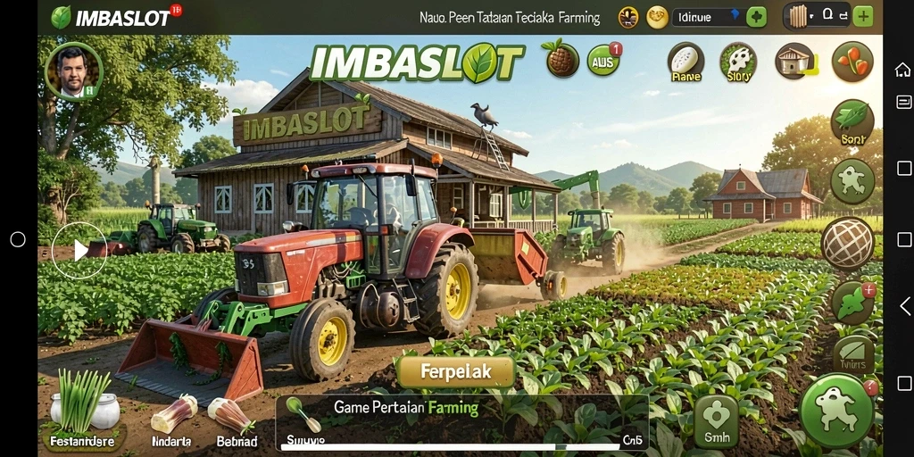 Screenshot gameplay IMBASLOT menunjukkan ladang hijau yang subur dan aktivitas bertani.