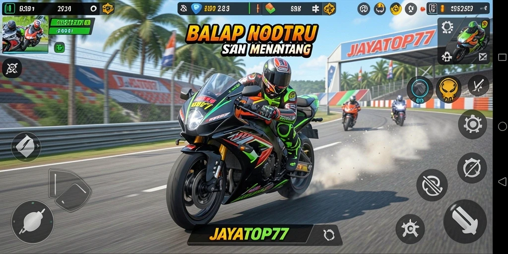 Gameplay seru JAYATOP77 menampilkan kecepatan tinggi dan aksi balapan motor.